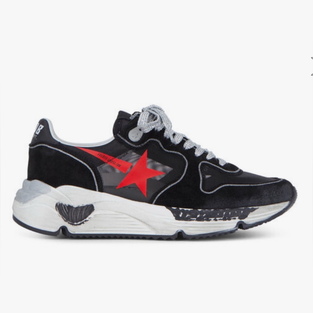 Golden Goose Black Mesh & Suede With Red Star Running Sneaker